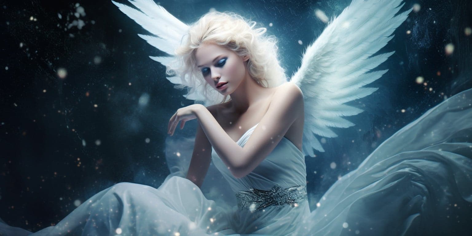 angel_a619-0367 Angel Number 323 - Angel with long white blonde hair and a silver white slight blue dress.