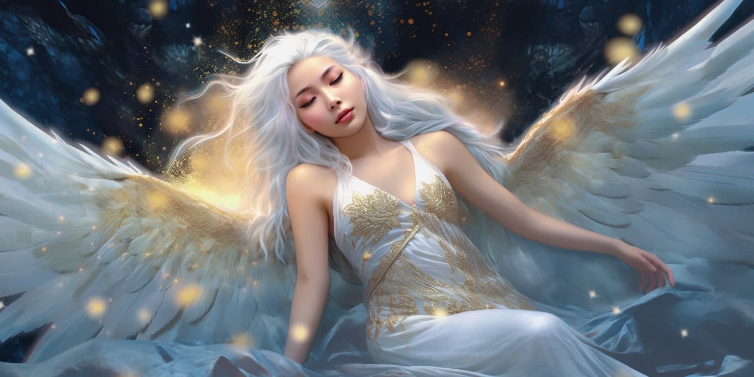 angel_a619-0369 Angel Number 233 - Angel with long white silver hair and a white and gold dress.