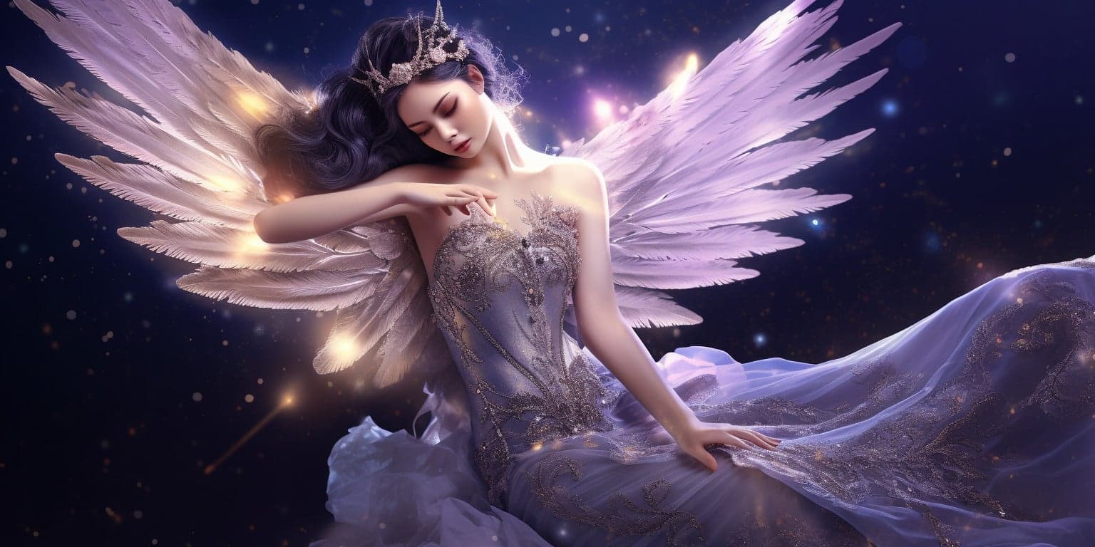 angel_a619-0372 Angel Number 422 - Angel with long dark hair and a light purple dress.