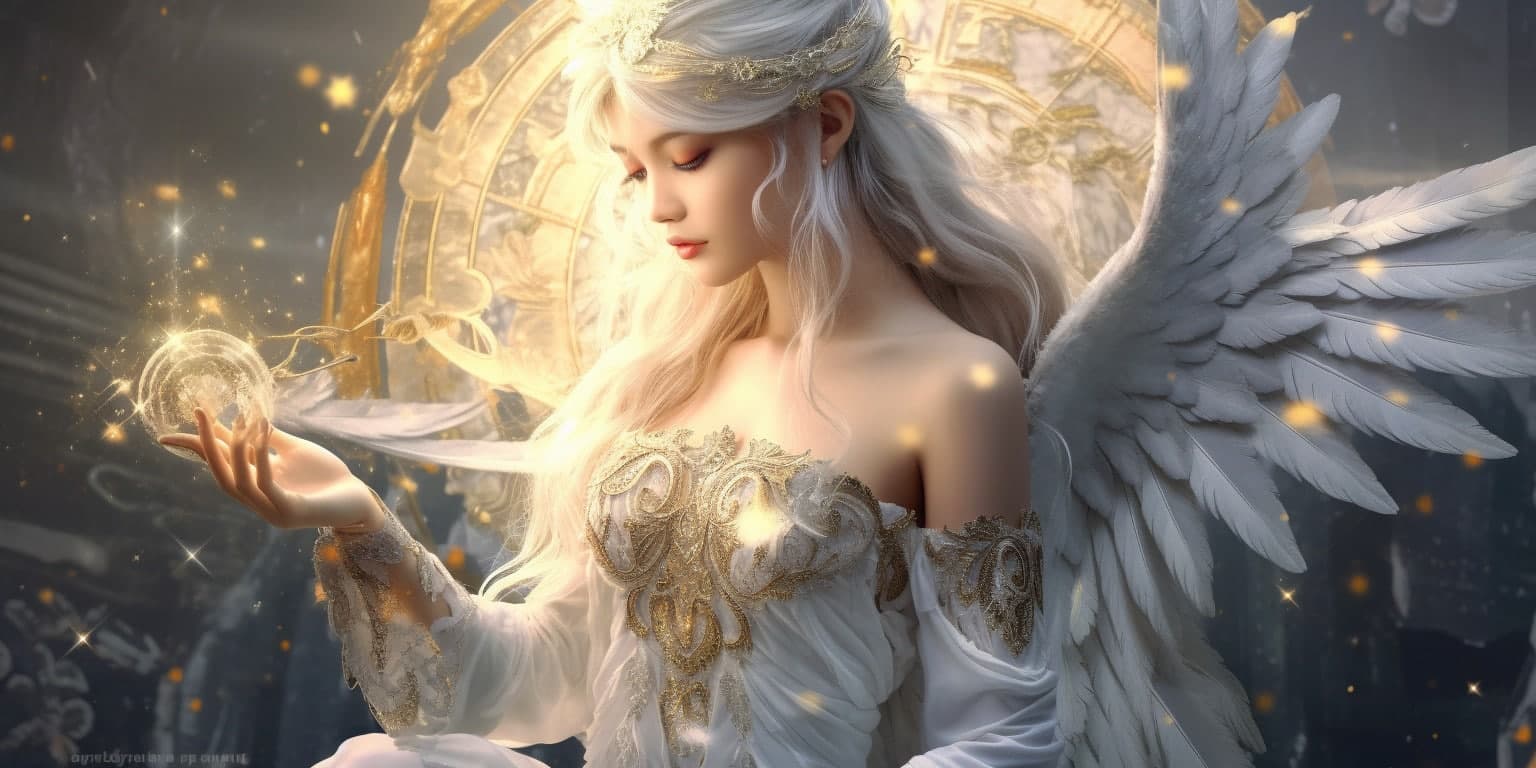 angel_a619-0374 Angel Number 244 - Angel with long white hair and a white dress.