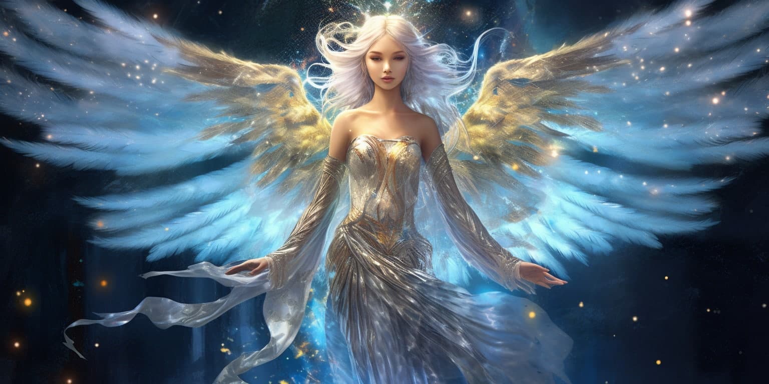 angel_a619-0375 Angel Number 442 - Angel with long white hair. Her wings have light blue through them.