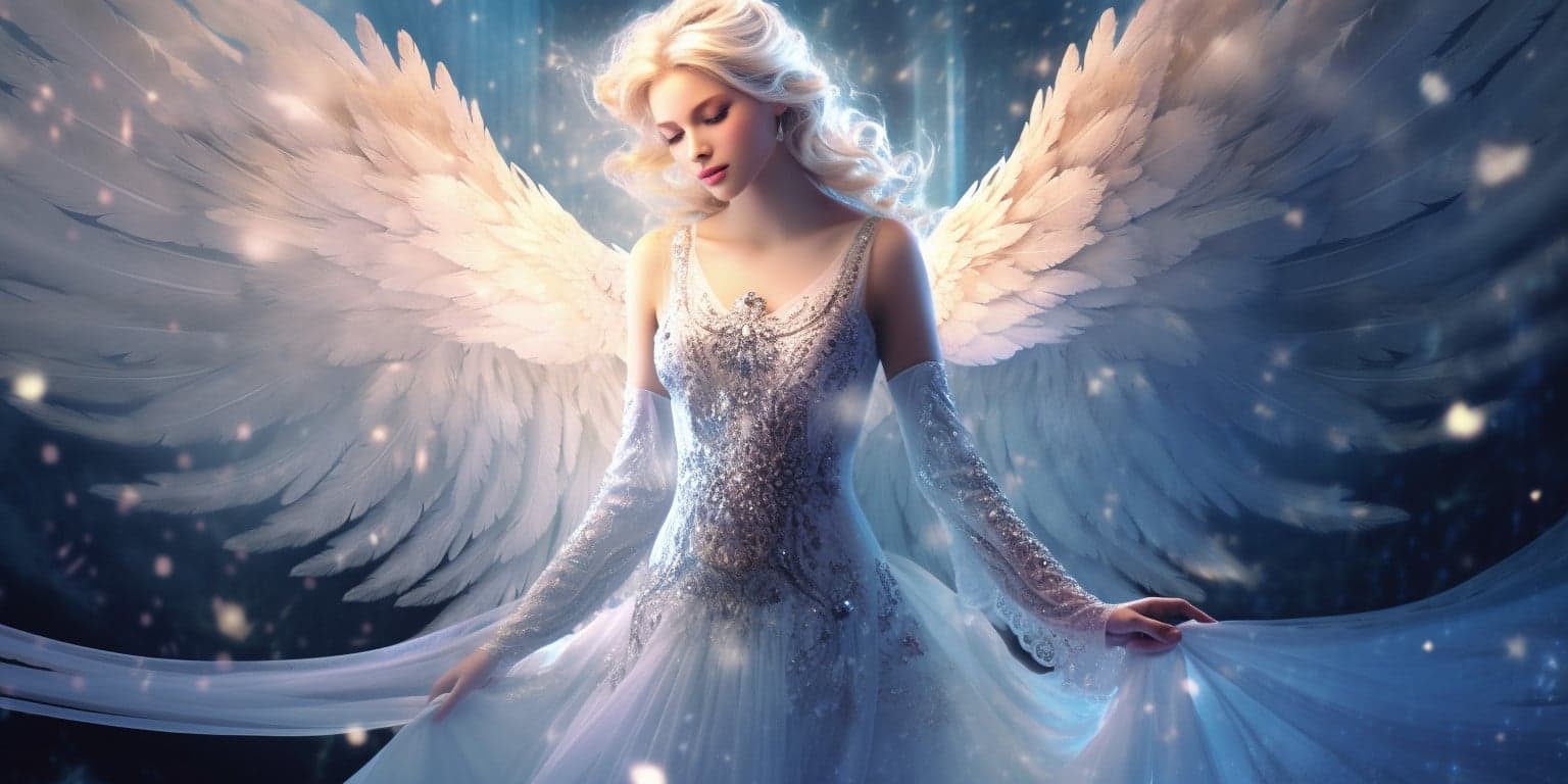 angel_a619-0406 Angel Number 772 - Angel with long white blonde hair. Her wings are white.