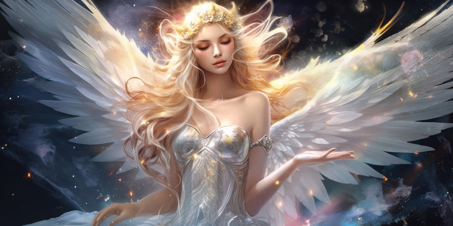 angel_a619-0407 Angel Number 727 - Angel with long blonde hair. Her wings are white.