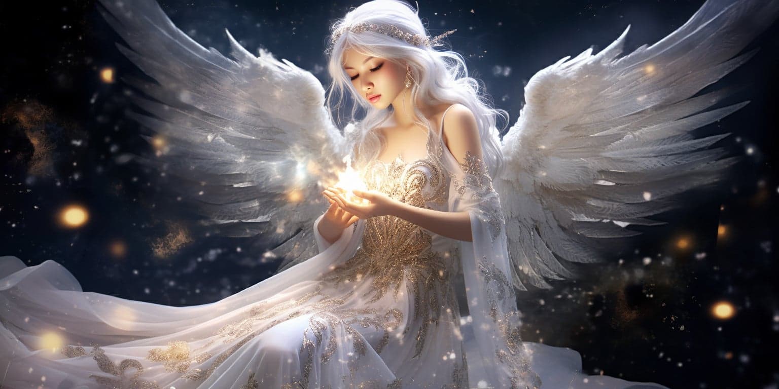 angel_a619-0408 Angel Number 722 - Angel with long white hair. Her wings are pure white.