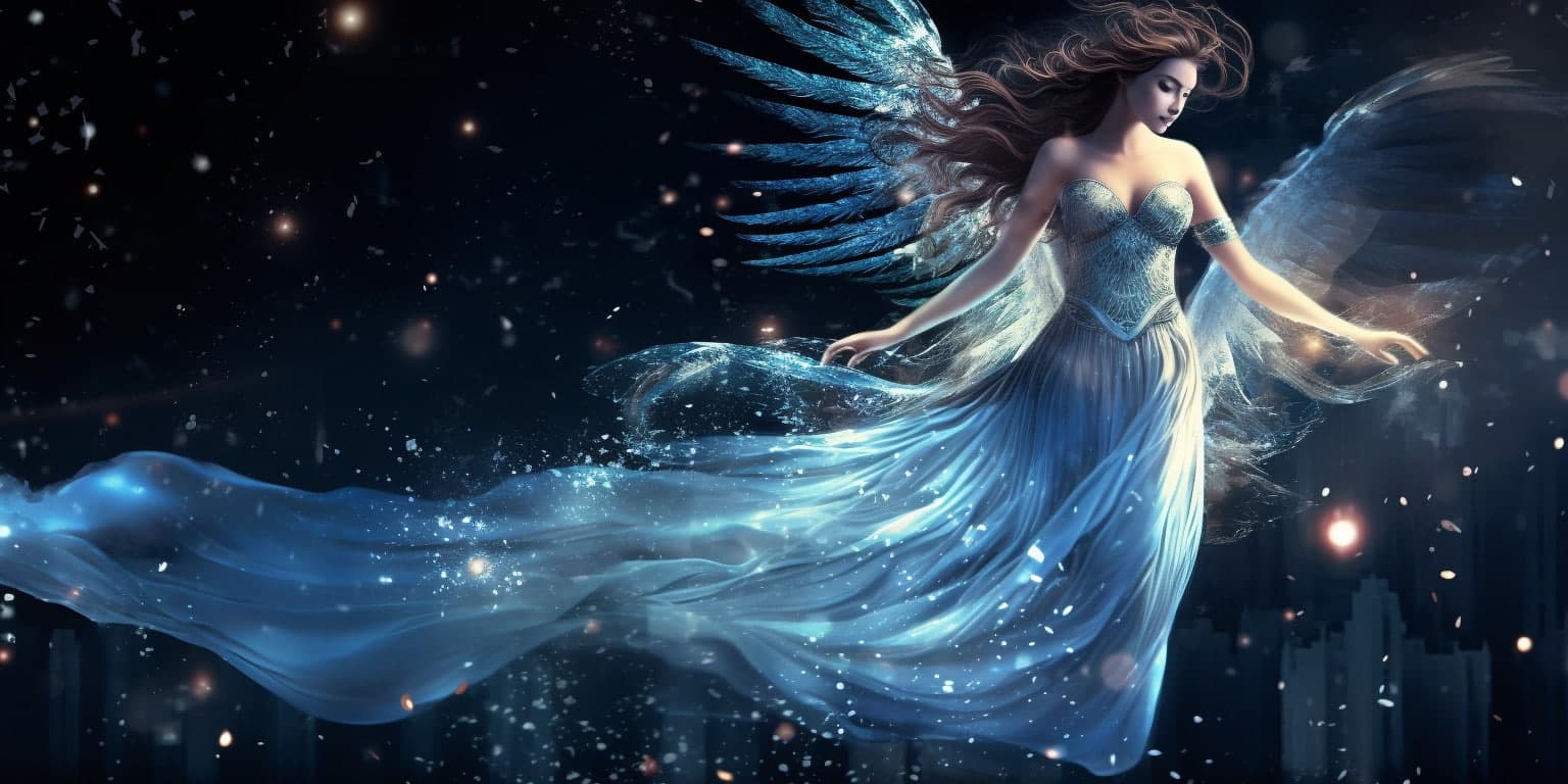 angel_a619-0500 Angel Number 552 - Angel with long dark hair. Her wings are white and blue.