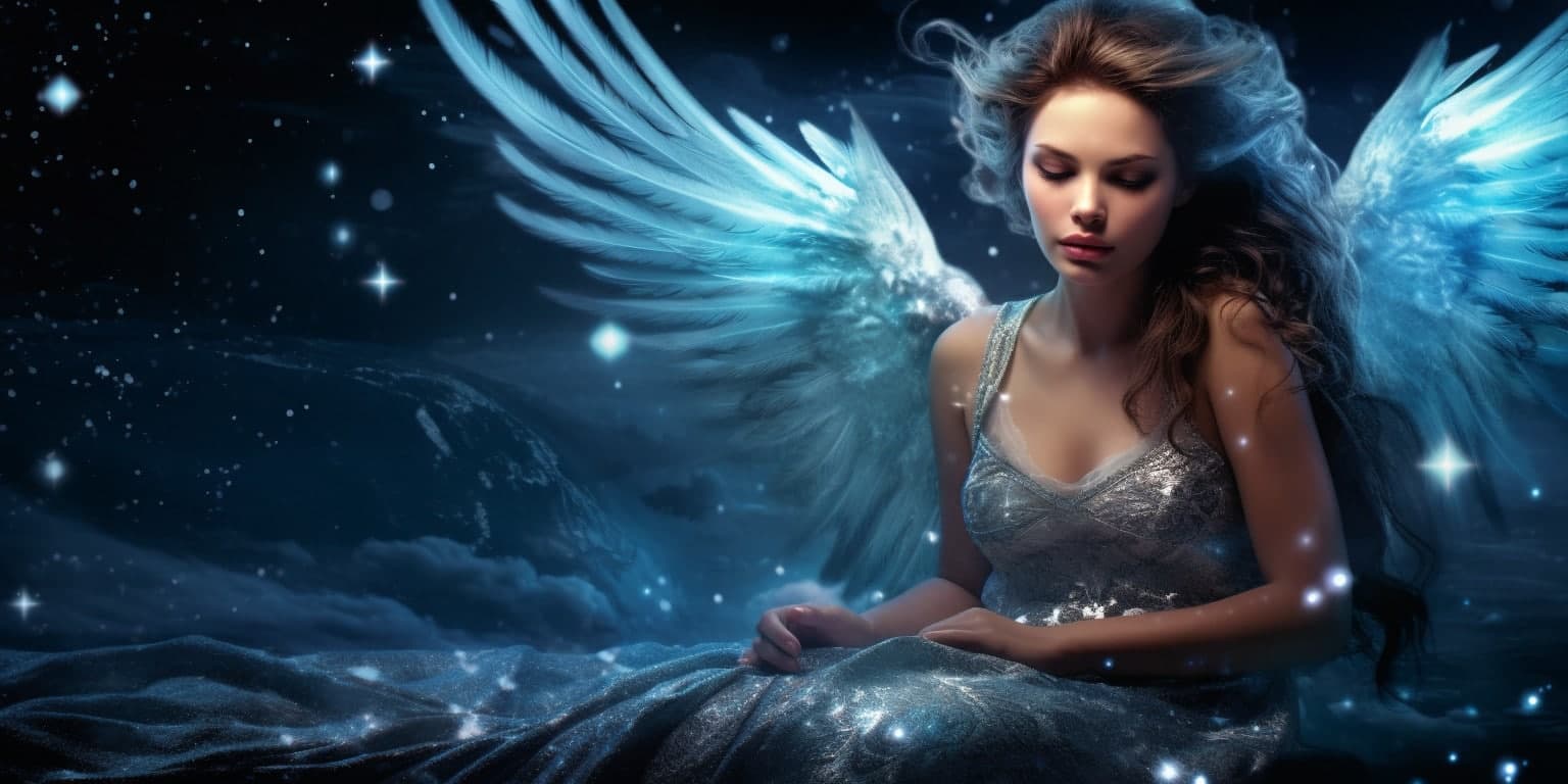 angel_a619-0504 Angel Number 225 - Angel with long dark hair. Her wings are white and blue.