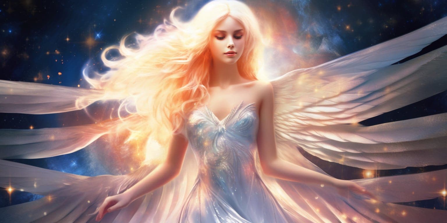 angel_a619-0378 Angel Number 228 - Angel with long blonde hair. Her wings are light white.