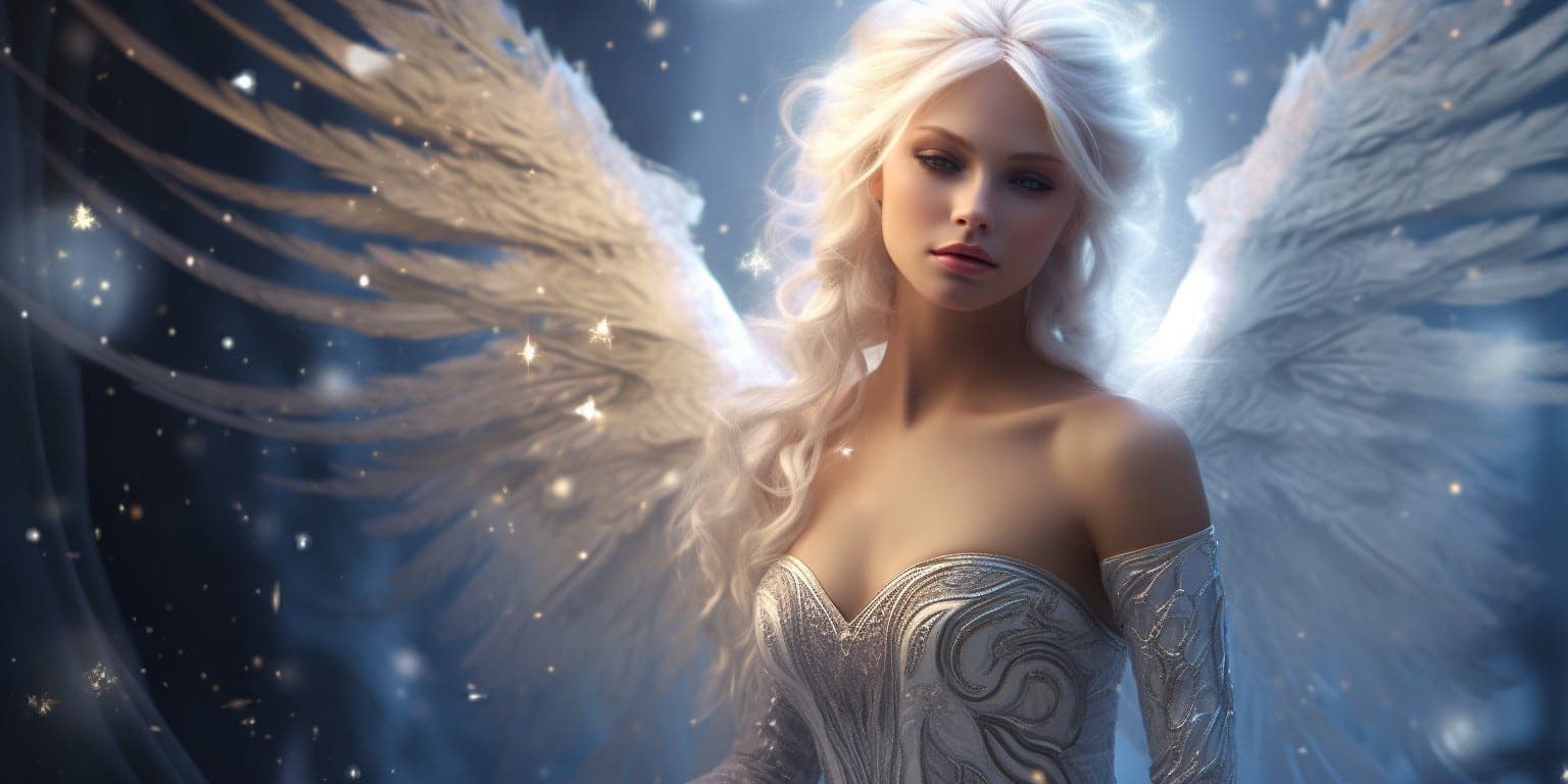 angel_a619-0383 Angel Number 282 - Angel with long white blonde hair. Her wings are light white.