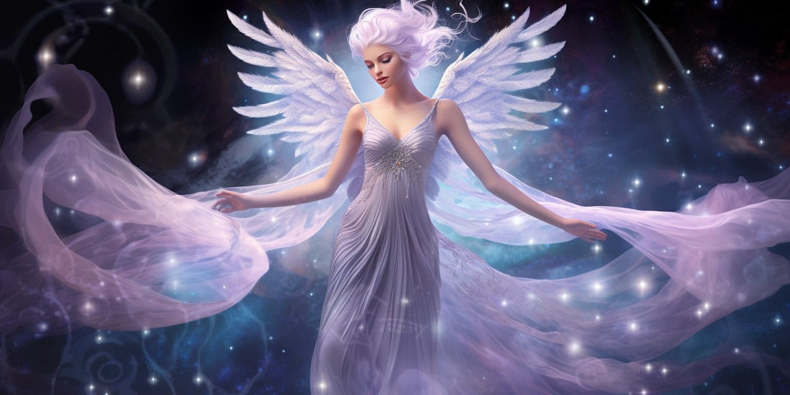 angel_a619-0394 Angel Number 737 - Angel with long light lavender hair. Her wings are white and lavender.