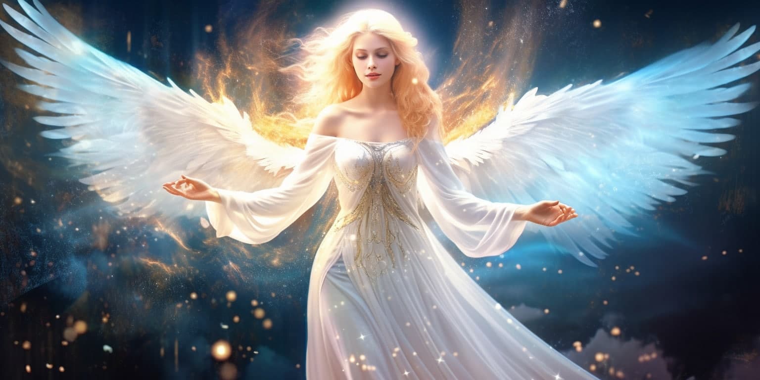 angel_a619-0414 Angel Number 334 - Angel with long light hair. Her wings are white and blue on the edges.
