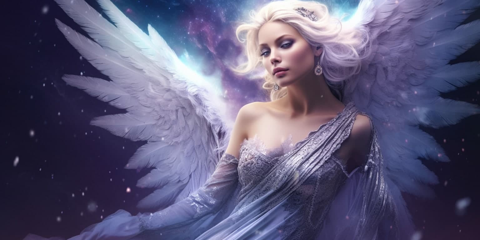 angel_a619-0431 Angel Number 373 - Angel with long light hair. Her wings are white with purple tones.