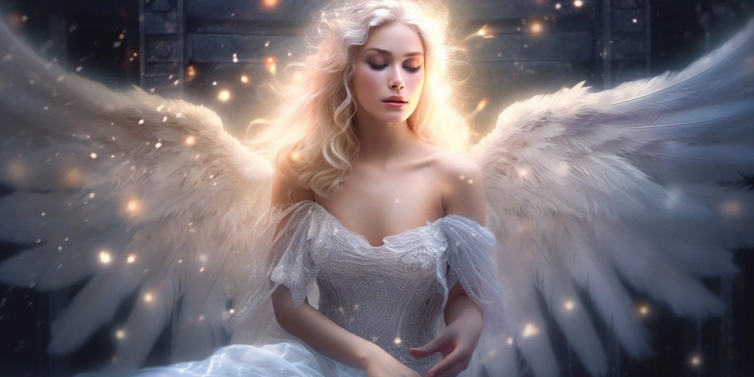 angel_a619-0435 Angel Number 828 - Angel with long white blonde hair. Her wings are light white.