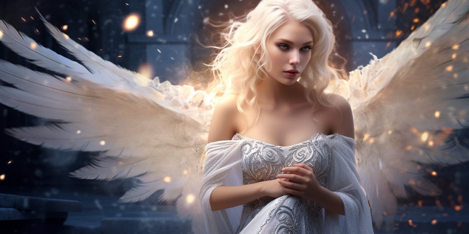 angel_a619-0437 Angel Number 882 - Angel with long white blonde hair. Her wings are light white.