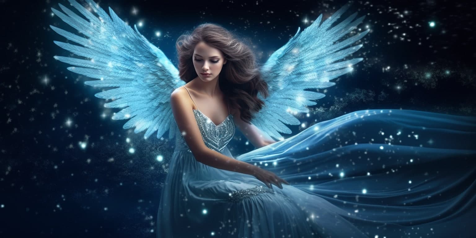 angel_a619-0442 Angel Number 883 - Angel with long dark hair. Her wings are blue with white sparkles.
