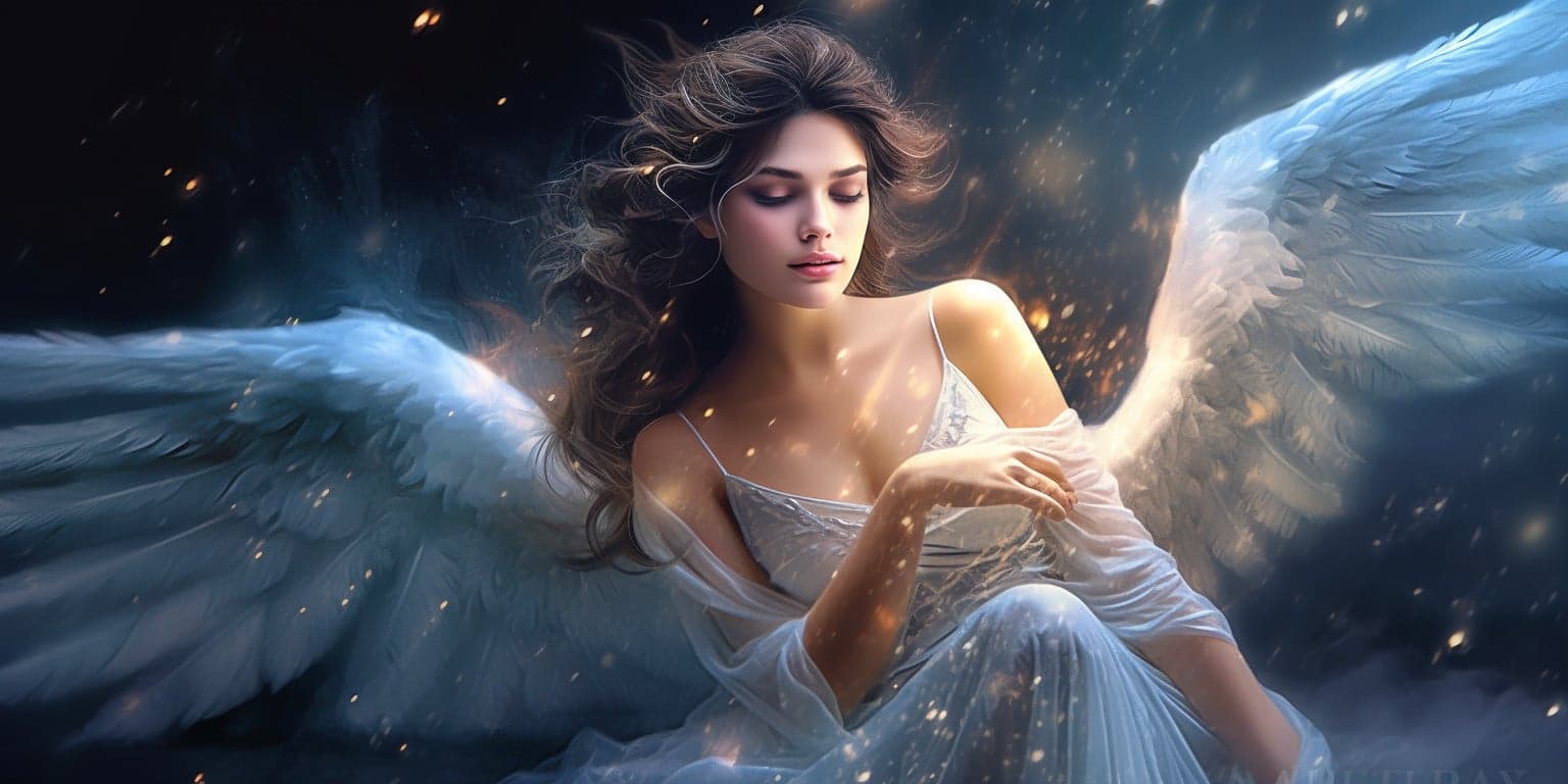 angel_a619-0443 Angel Number 663 - Angel with long dark hair. Her wings are white with blue.