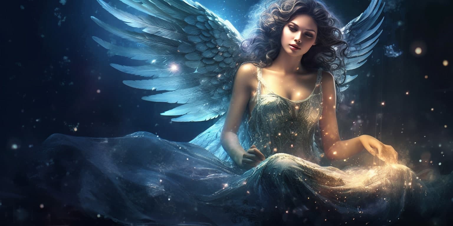 angel_a619-0444 Angel Number 933 - Angel with long dark hair. Her wings are blue.