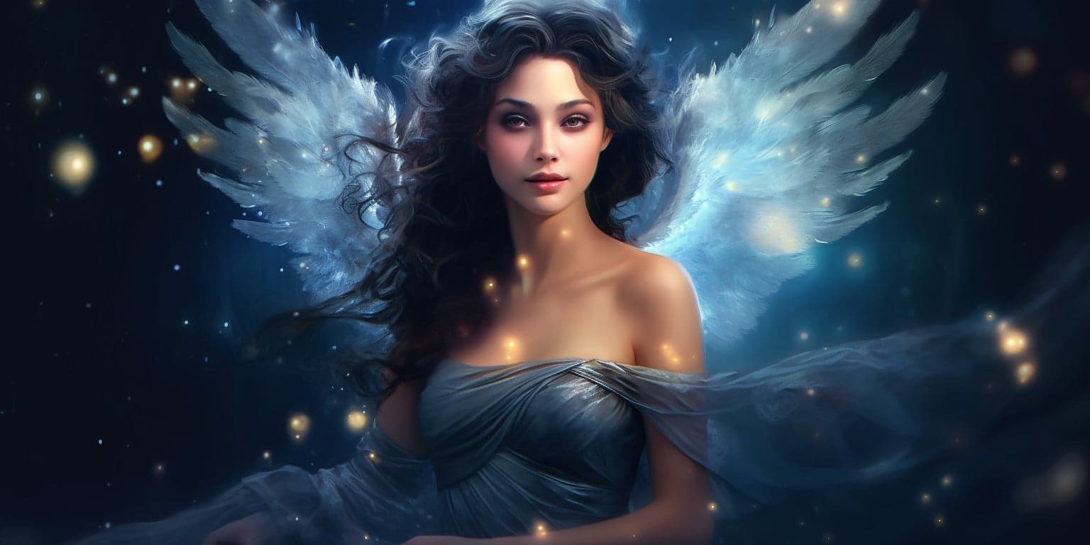 angel_a619-0445 Angel Number 636 - Angel with long dark hair. Her wings are white with blue.
