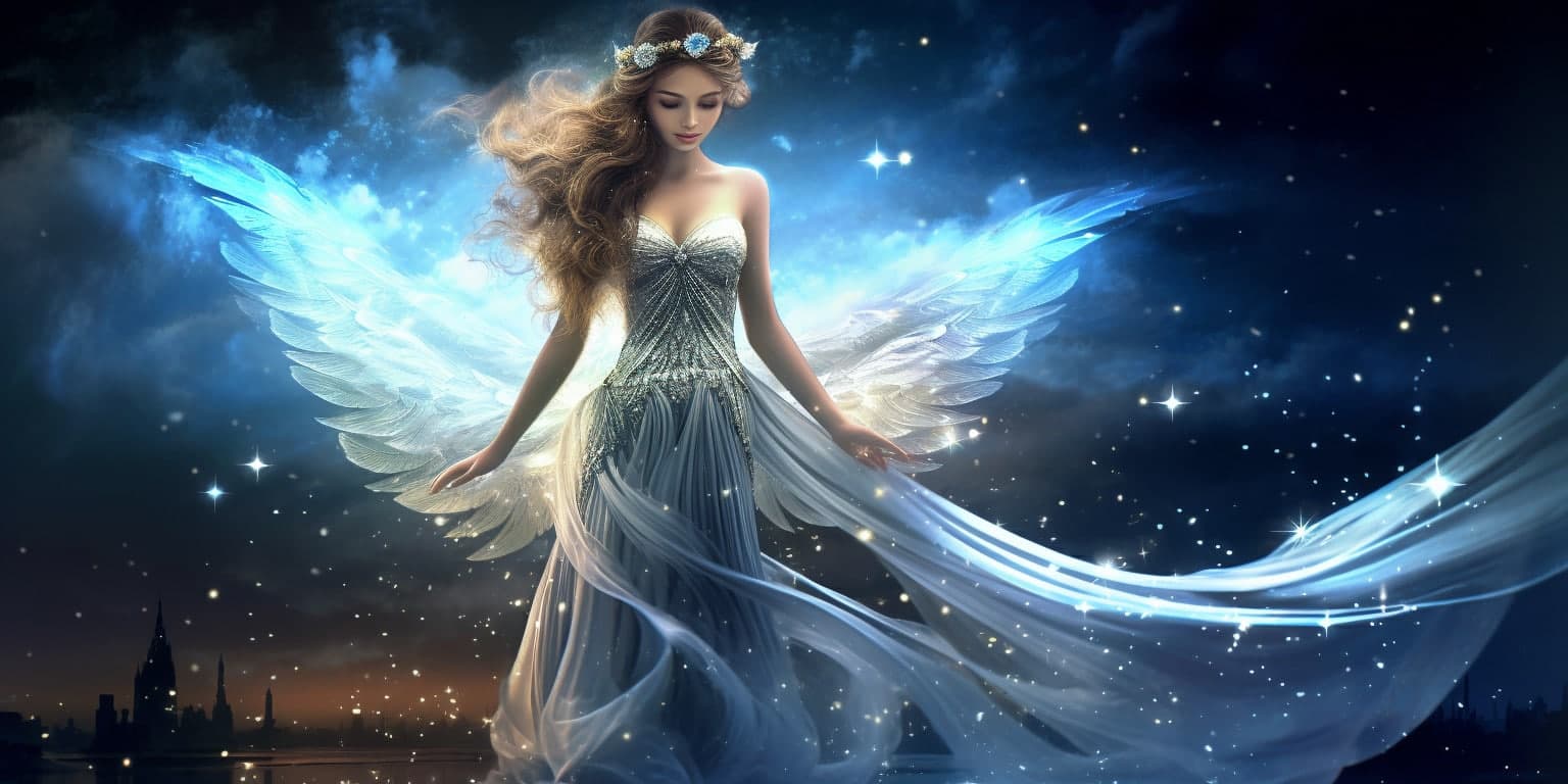 angel_a619-0449 Angel Number 838 - Angel with long dark hair. Her wings are blue with white.