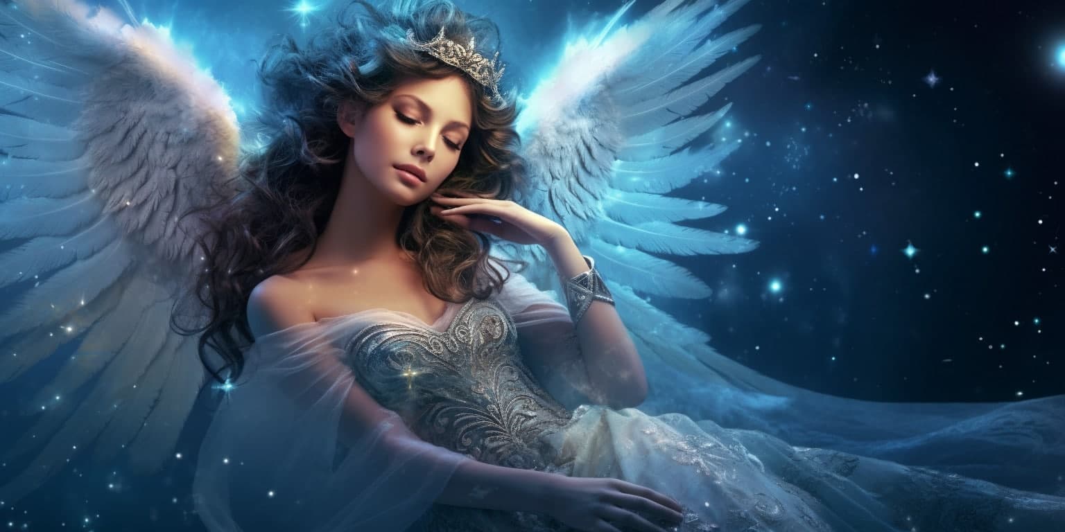 angel_a619-0450 Angel Number 633 - Angel with long dark hair wearing a crown. Her wings are white with blue.