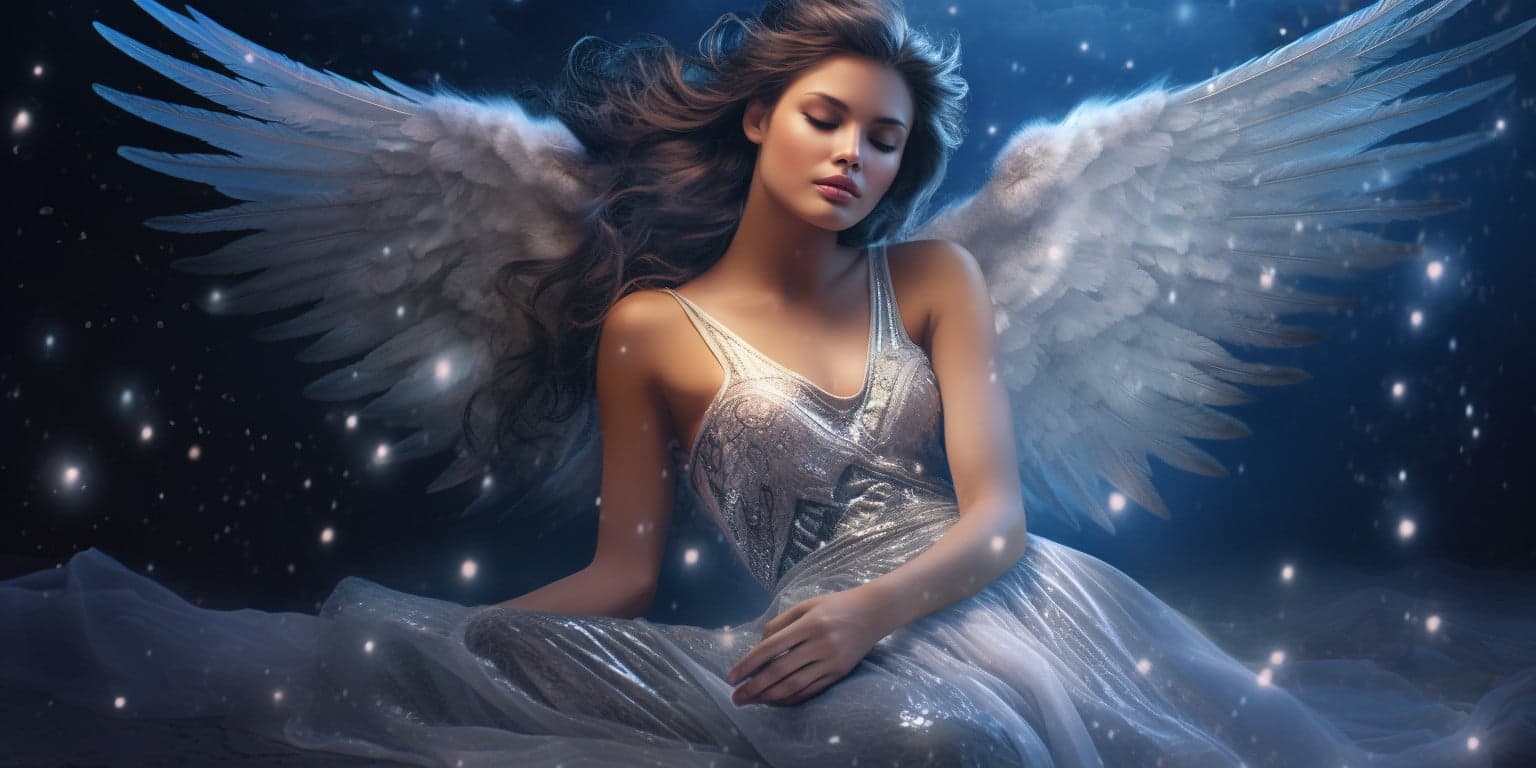 angel_a619-0451 Angel Number 366 - Angel with long dark hair wearing a crown. Her wings are white with blue.