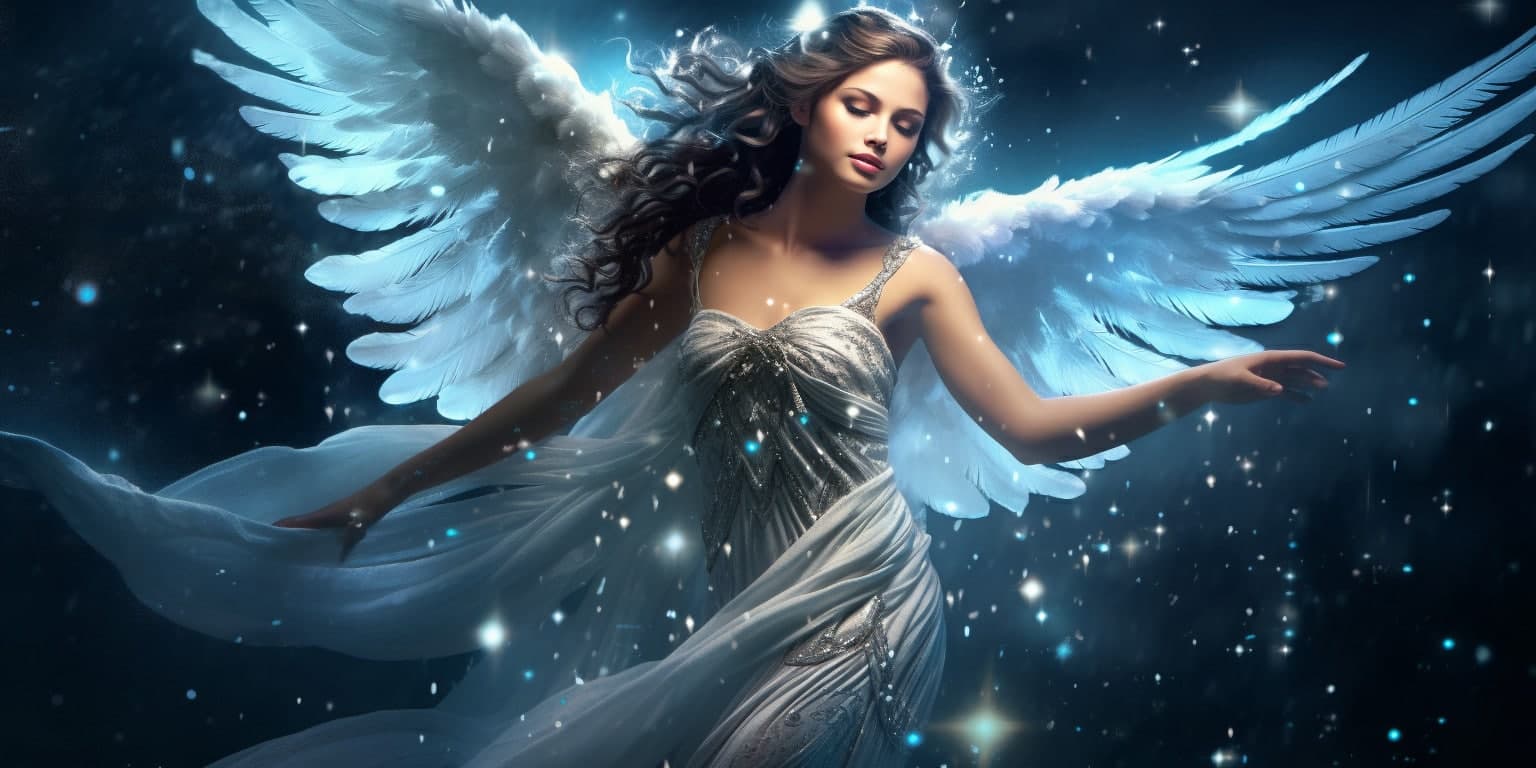 angel_a619-0464 Angel Number 339 - Angel with long dark hair. Her wings are white and light blue.