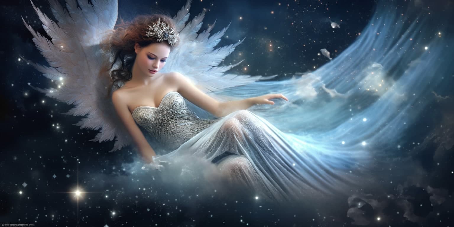 angel_a619-0478 Angel Number 544 - Angel with long dark hair. Her wings are white.