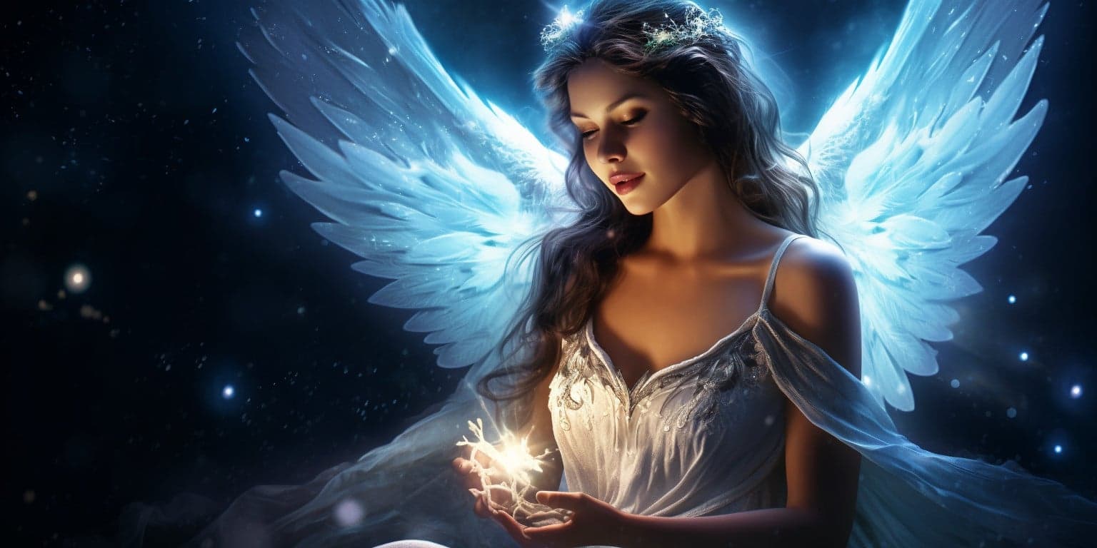 angel_a619-0489 Angel Number 229 - Angel with long dark hair. Her wings are light blue.