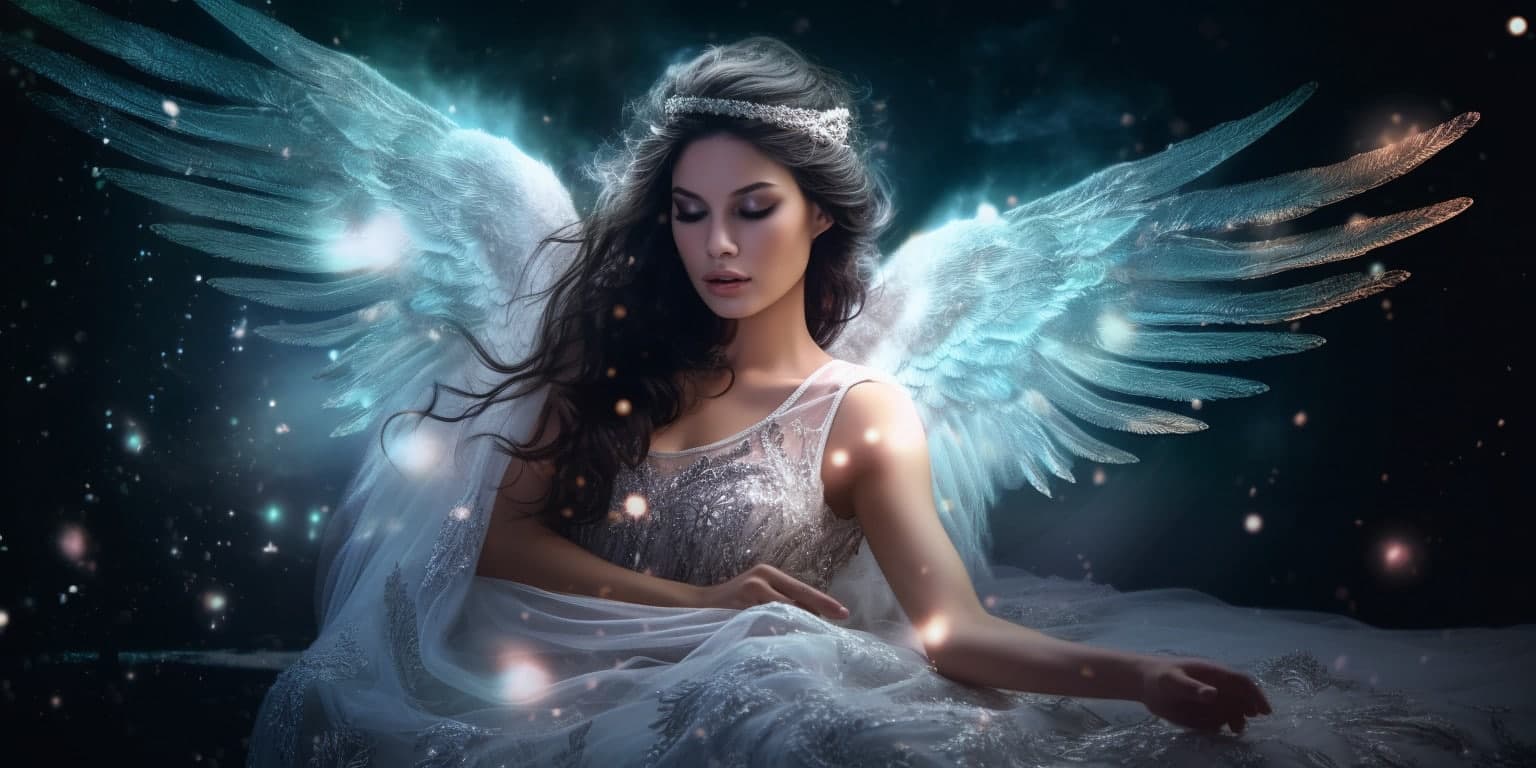 angel_a619-0490 Angel Number 292 - Angel with long dark hair. Her wings are white and a bit of light blue.