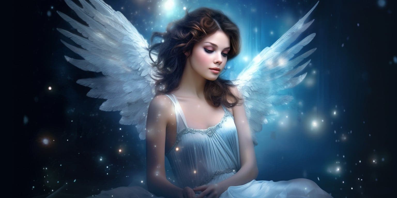 angel_a619-0491 Angel Number 299 - Angel with long dark hair. Her wings are white and a bit of light blue.