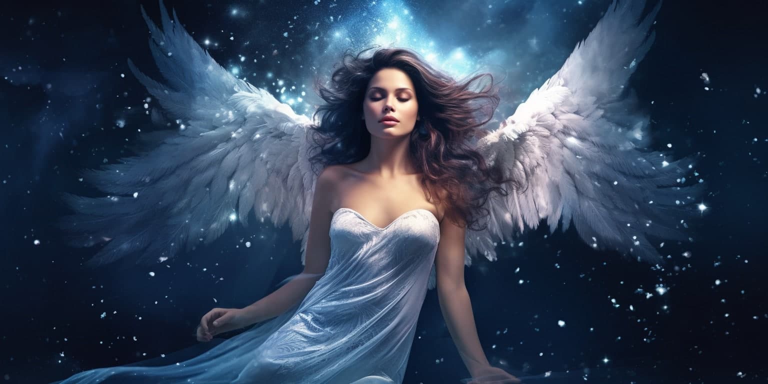 angel_a619-0492 Angel Number 922 - Angel with long dark hair. Her wings are white and a bit of light blue.