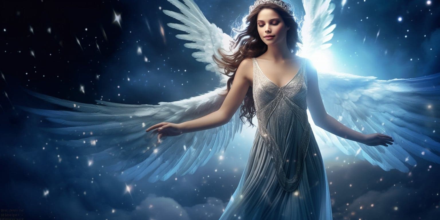 angel_a619-0493 Angel Number 992 - Angel with long dark hair. Her wings are white and a bit of light blue.