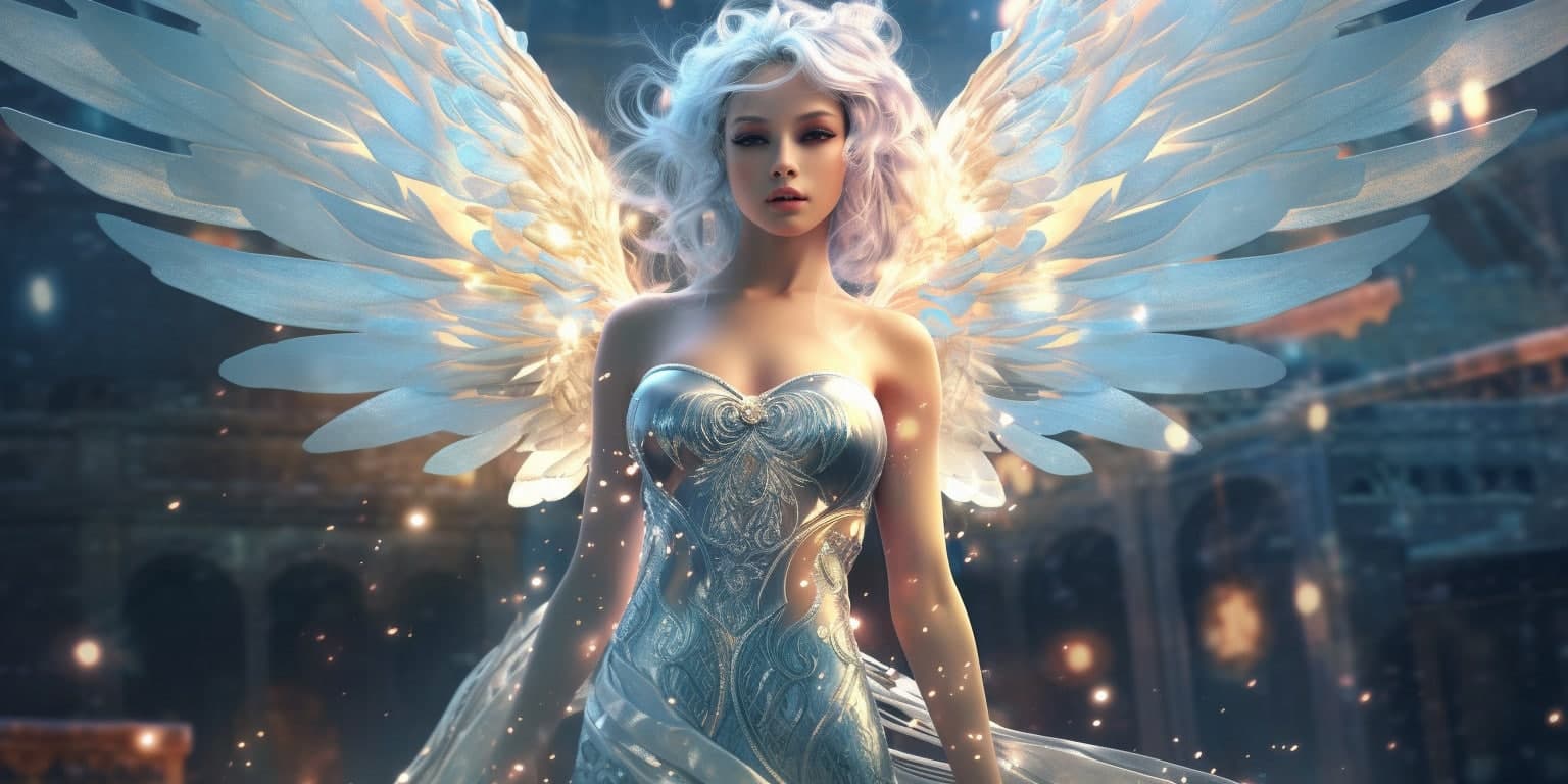 angel_a619-0377 Angel Number 665 - Angel with long light hair. Her wings are white with sparkles.