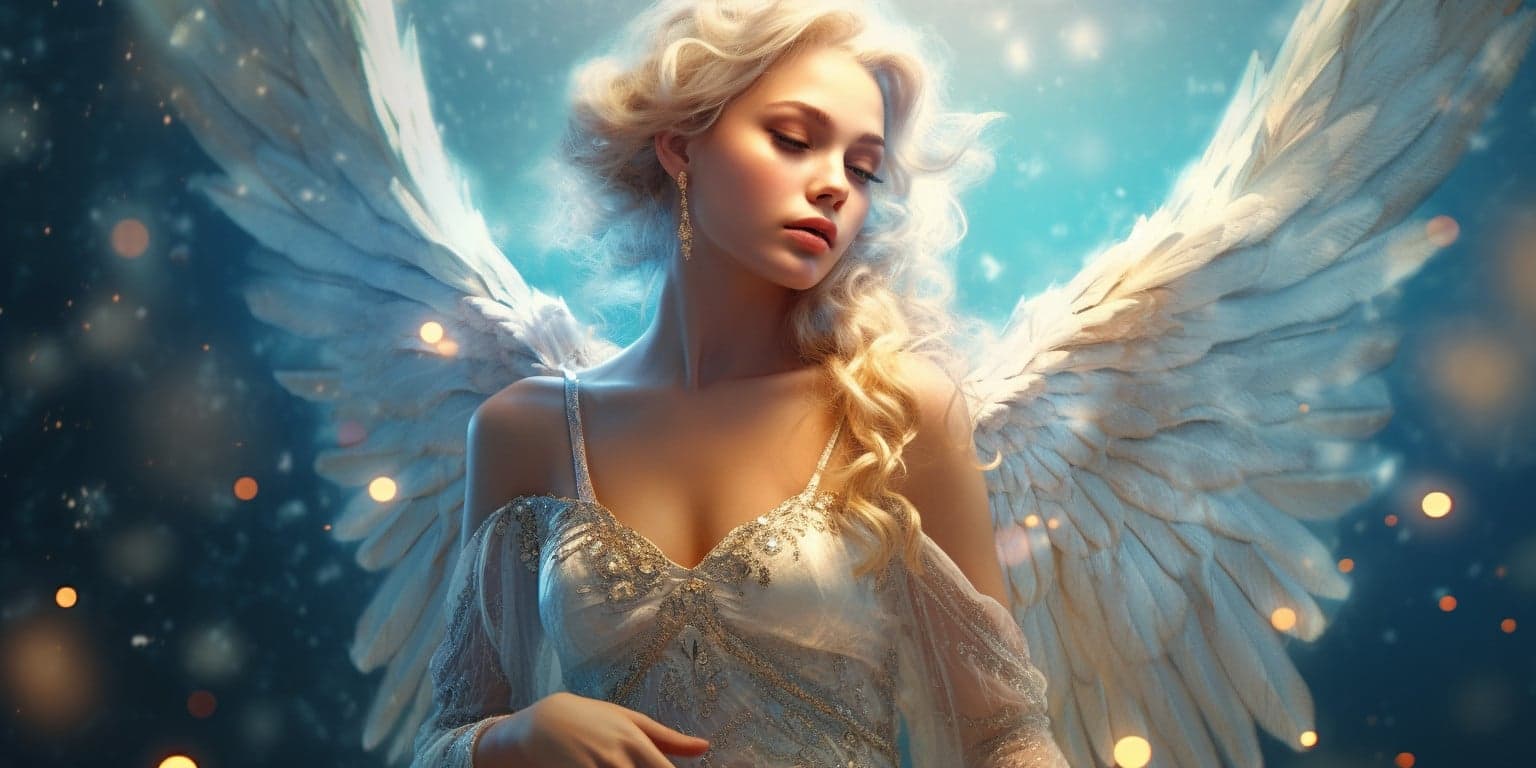angel_a619-0387 Angel Number 558 - Angel with long blonde hair. There are sparkles around her. Her wings are white but also have shades of light blue.