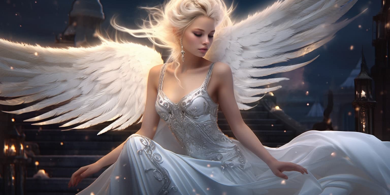 angel_a619-0429 Angel Number 565 - Angel with long light hair. Her wings are white with sparkles.