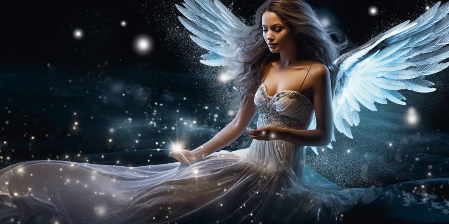 angel_a619-0456 Angel Number 995 - Angel with long dark hair. Her wings are a silver white and light blue.