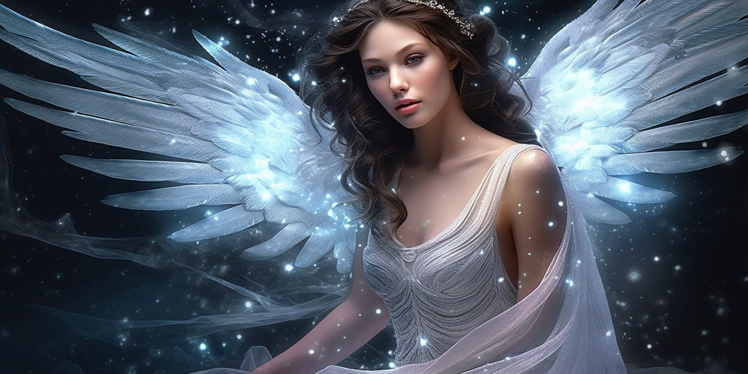 angel_a619-0458 Angel Number 775 - Angel with long dark hair. There are sparkles around her. Her wings are white but also have shades of blue.