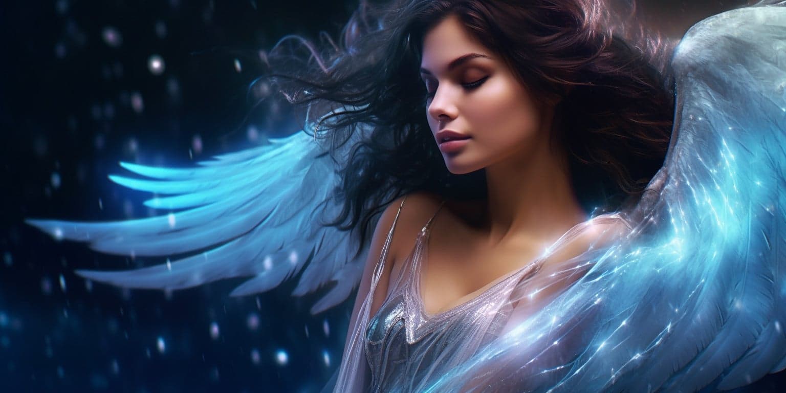 angel_a619-0469 Angel Number 959 - Angel with long dark hair. Her wings are a silver white and light blue.