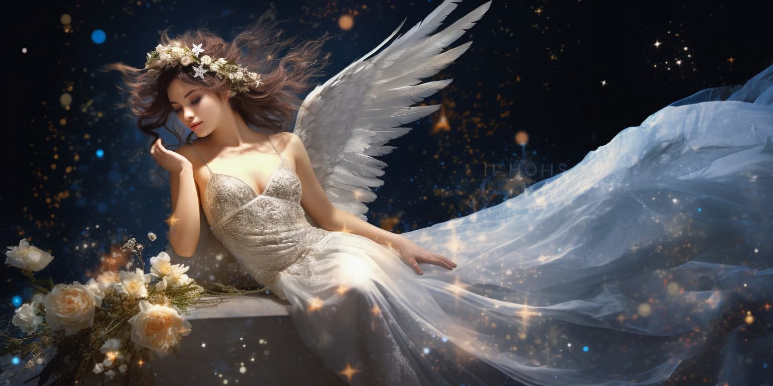 angel_a619-0479 Angel Number 955 - Angel with long dark hair. Her wings are pure white.