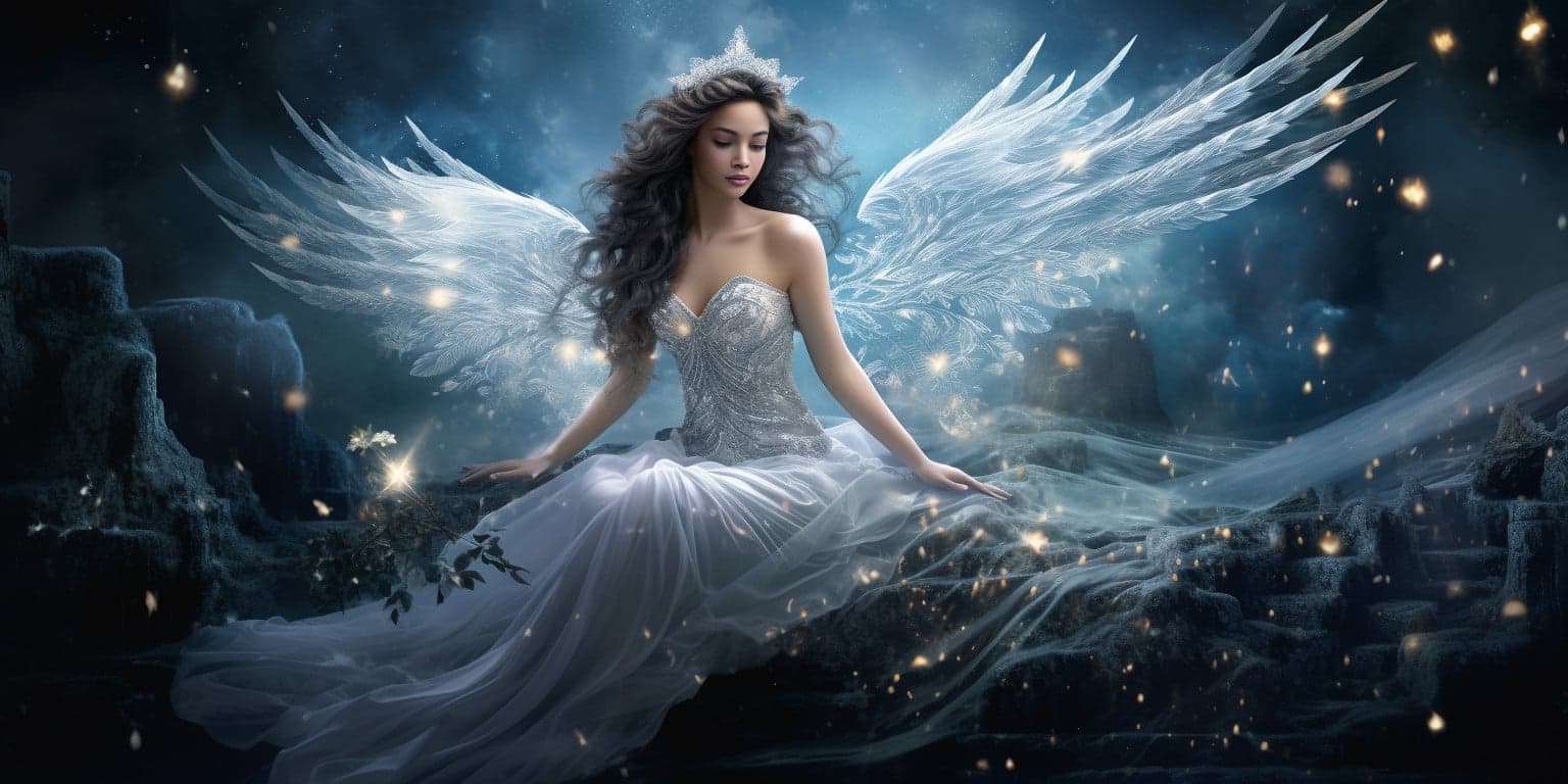 angel_a912-0526 Angel Number 1811 - Angel with long dark curly hair sitting down.