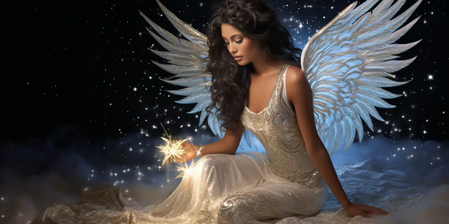 angel_a912-0540 Angel Number 1818 - Angel with long dark curly hair sitting down.