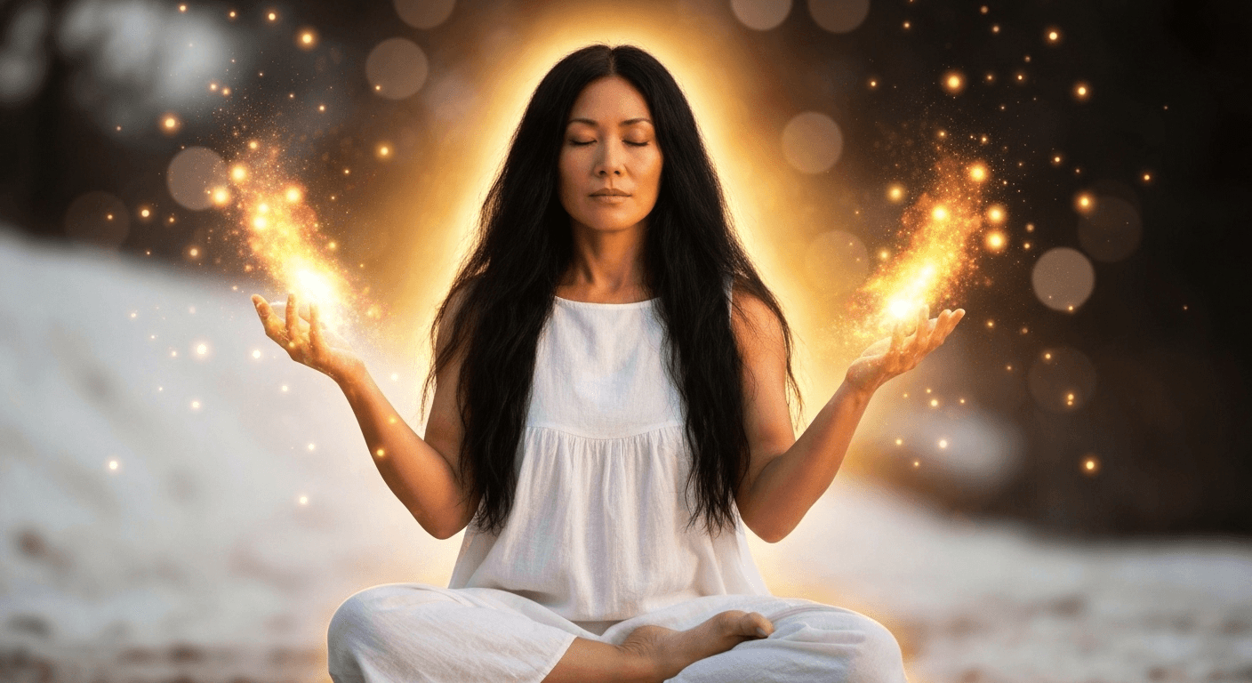Person meditating releasing glowing energy particles peacefully. Person meditating releasing glowing energy particles peacefully.