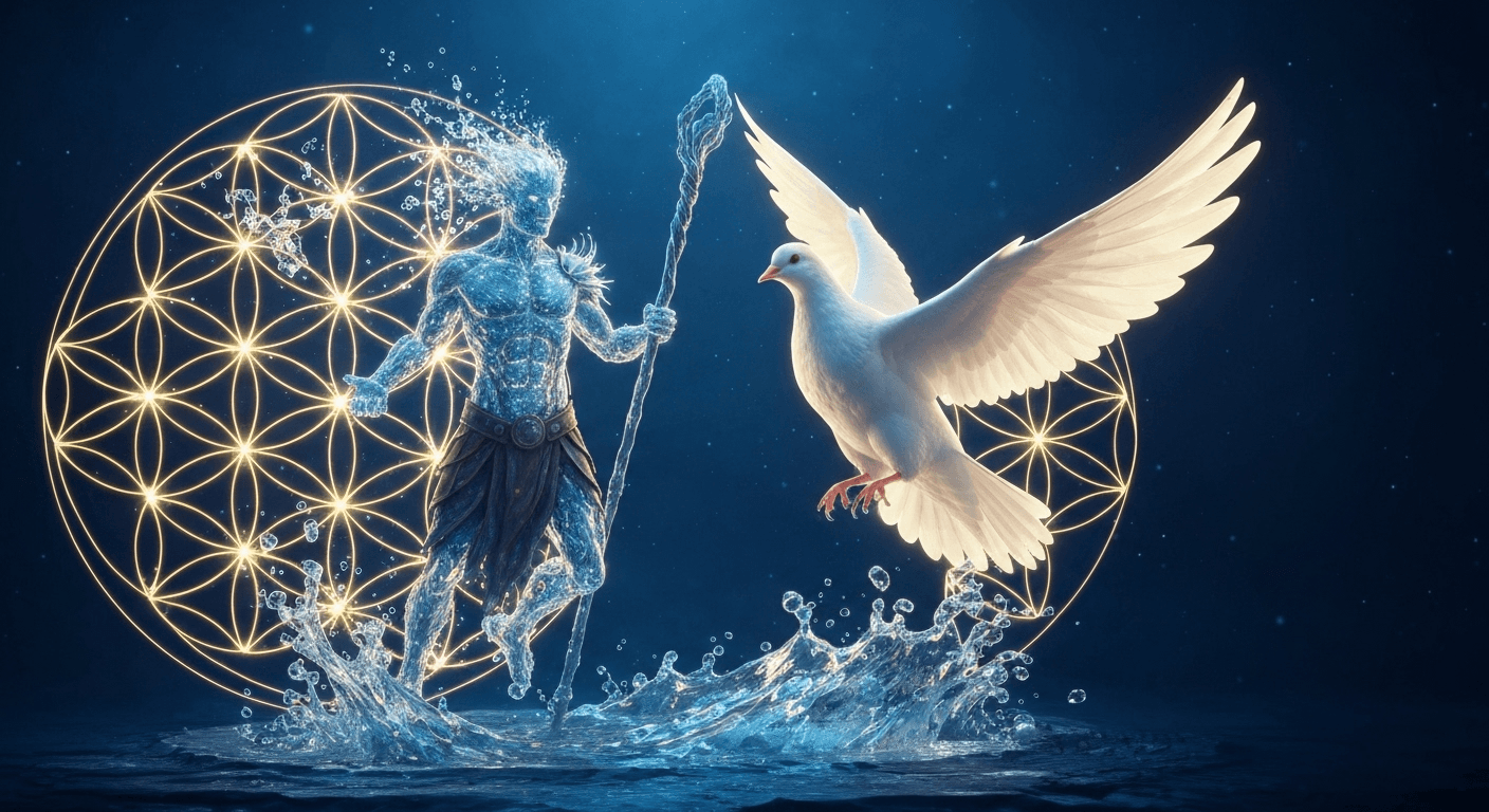 Shapeshifting water elemental transforming between warrior and dove forms, surrounded by flower of life patterns, glowing in... Shapeshifting water elemental transforming between warrior and dove forms, surrounded by flower of life patterns, glowing in...