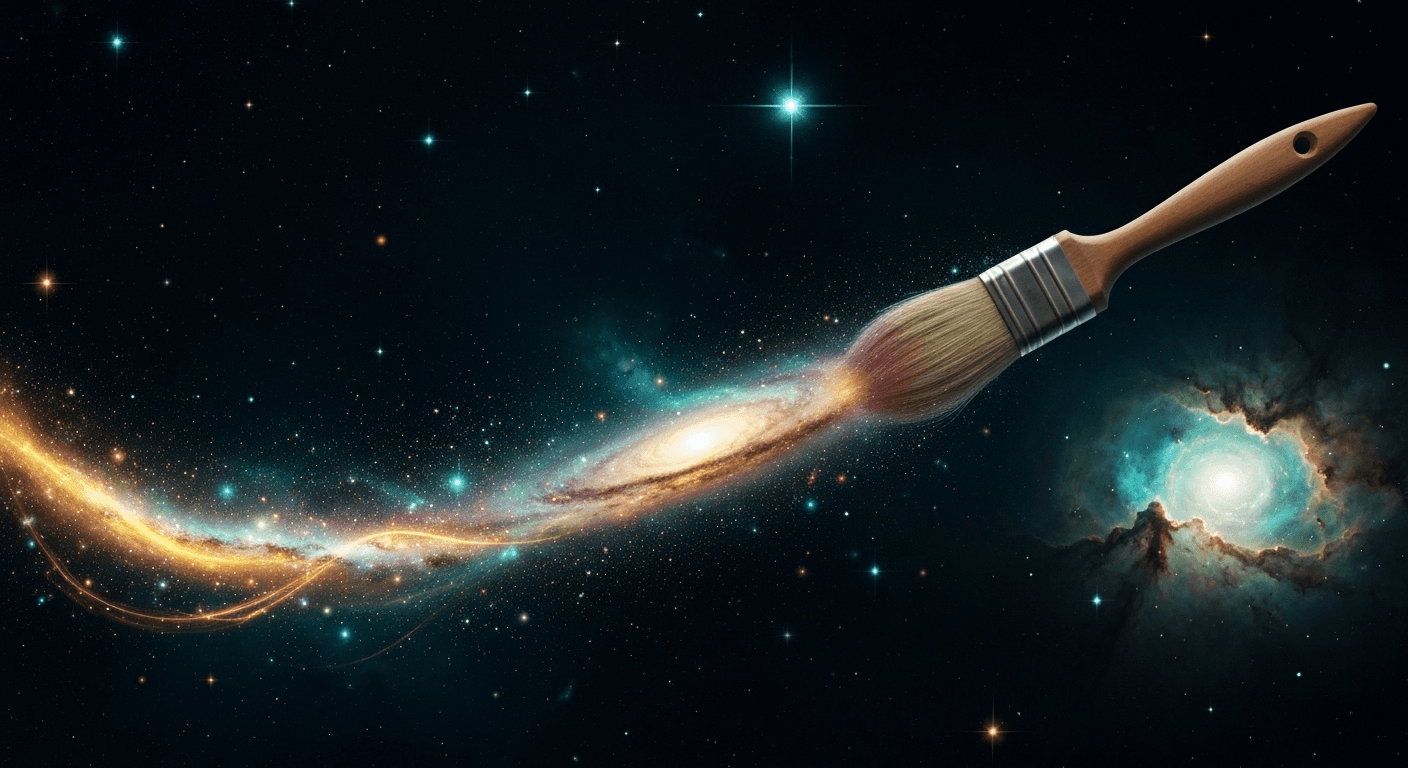 Paintbrush trailing stardust creating galaxies mid-air, celestial teals and golden light streams weaving through space,... Paintbrush trailing stardust creating galaxies mid-air, celestial teals and golden light streams weaving through space,...