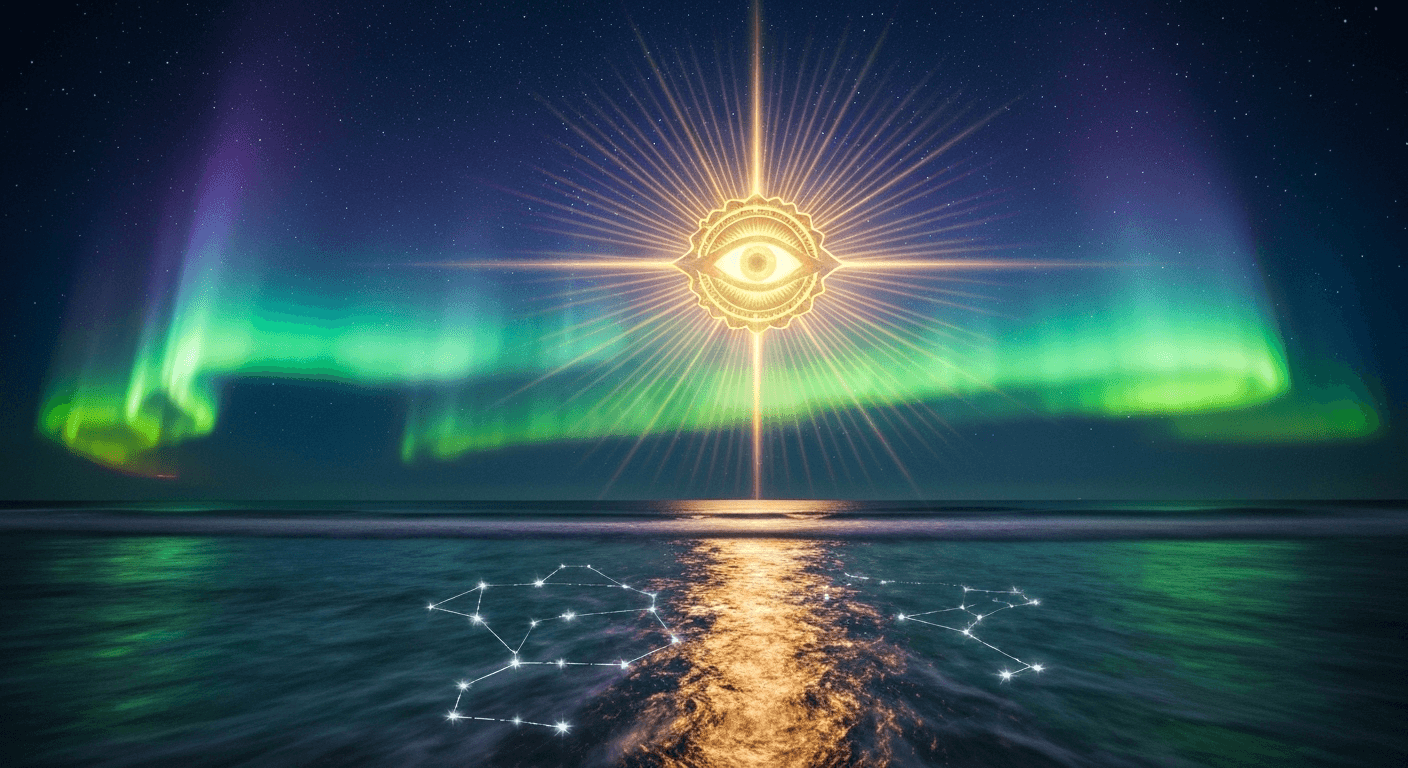 Golden third eye chakra radiating brilliant beams across a starlit ocean surface, with mars constellation reflected in... Golden third eye chakra radiating brilliant beams across a starlit ocean surface, with mars constellation reflected in...