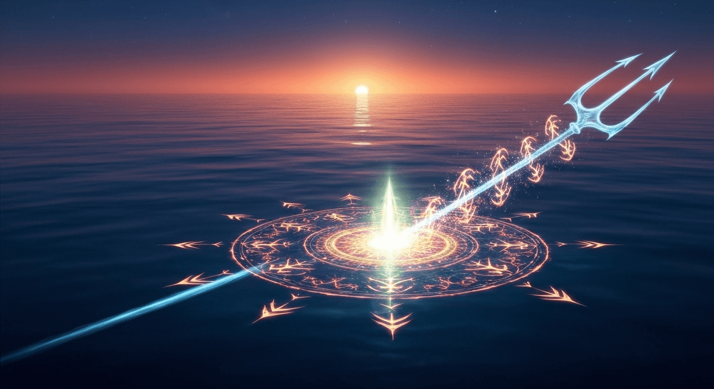 Luminous mandala pattern floating on cosmic water surface, mars warrior symbols dissolving into neptune's trident waves,... Luminous mandala pattern floating on cosmic water surface, mars warrior symbols dissolving into neptune's trident waves,...