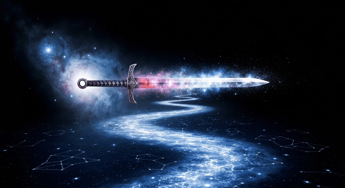 Warrior's sword transforming into flowing river of stars, deep cosmic blue waters reflecting constellation patterns, white... Warrior's sword transforming into flowing river of stars, deep cosmic blue waters reflecting constellation patterns, white...