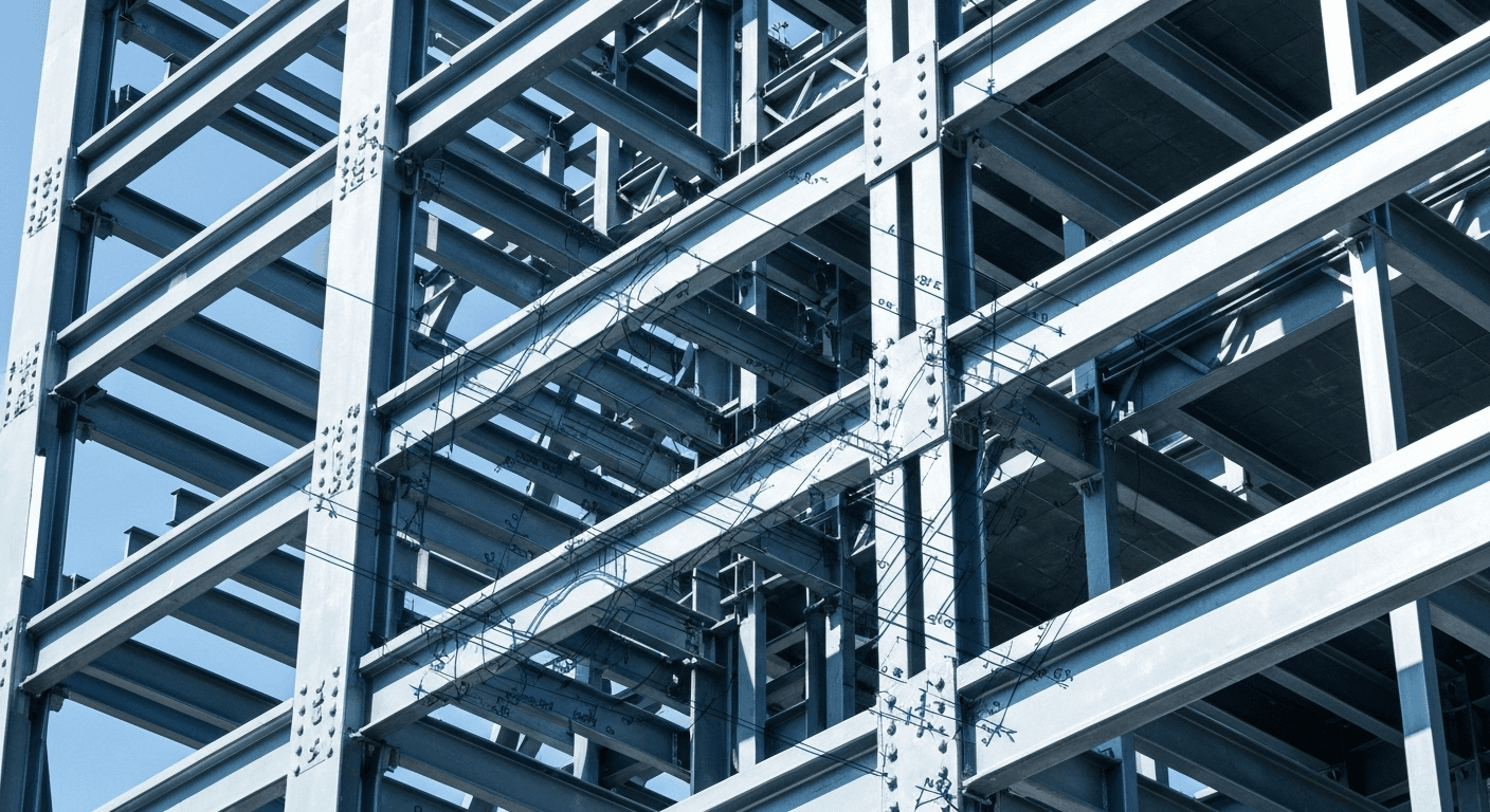Blueprints overlaid on steel building framework construction. Blueprints overlaid on steel building framework construction.