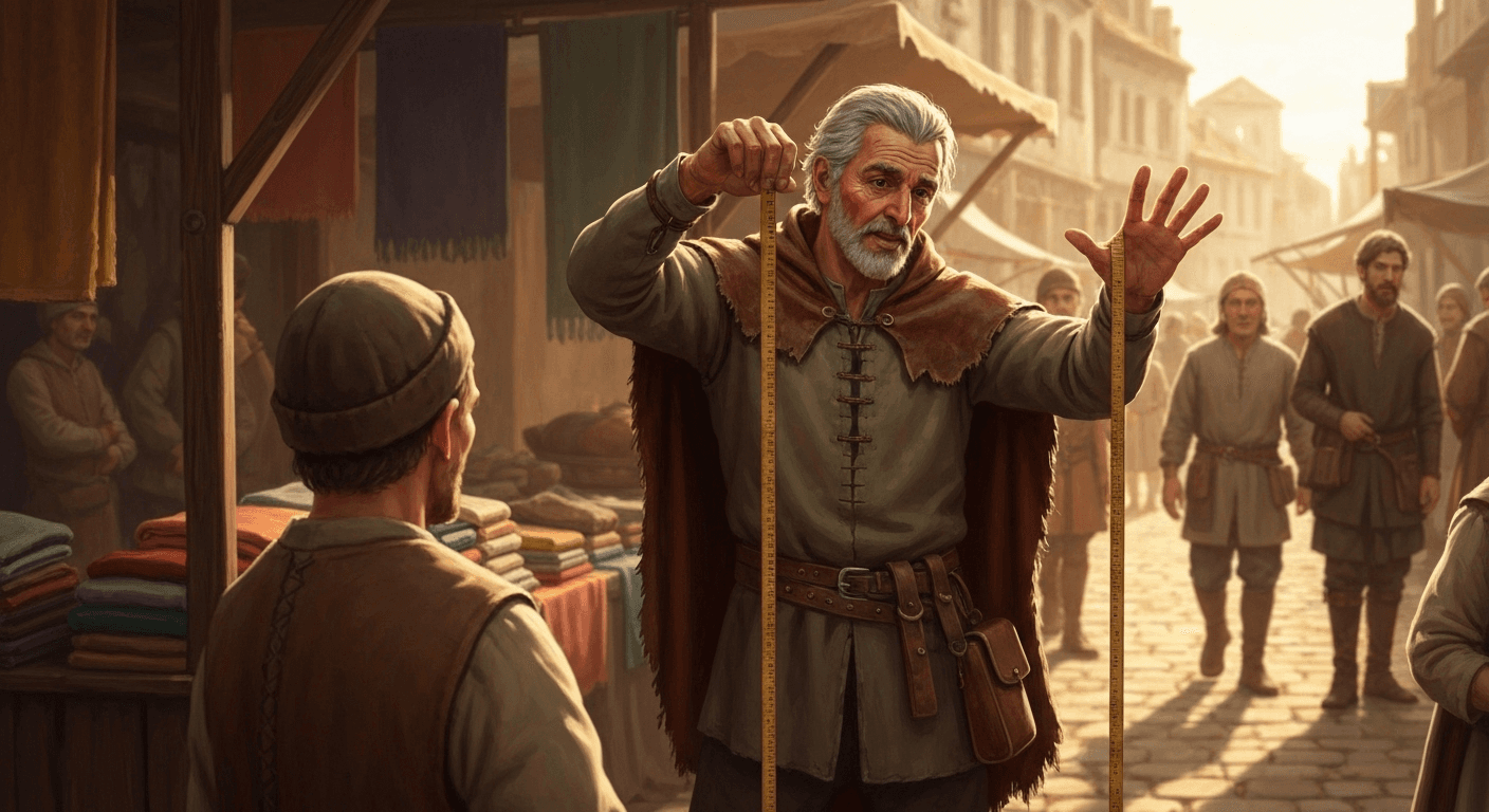 Medieval merchant measuring cloth in marketplace illustration. Medieval merchant measuring cloth in marketplace illustration.