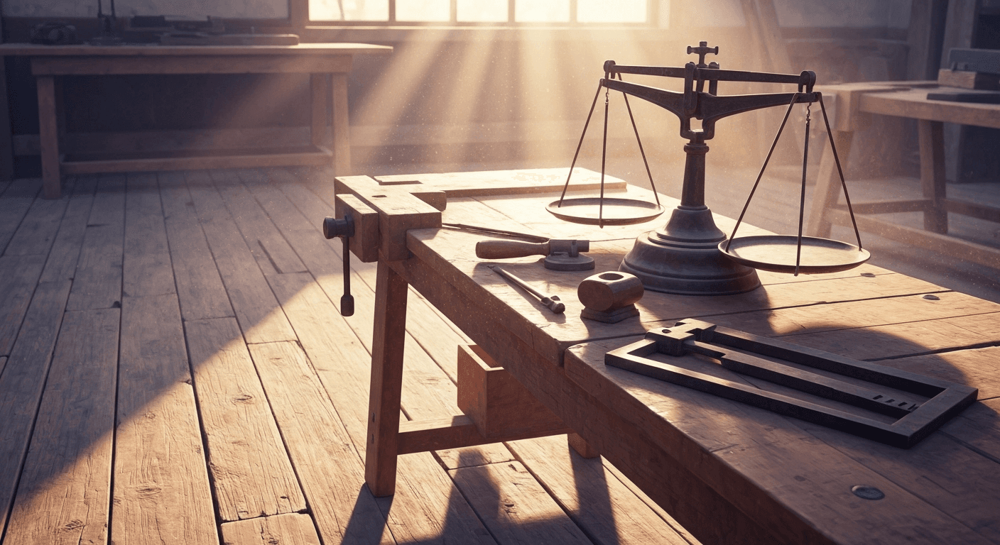 Morning light illuminating antique scales in workshop. Morning light illuminating antique scales in workshop.
