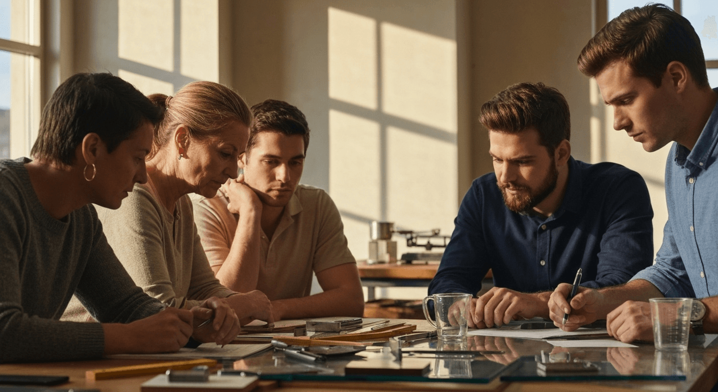 People gathered around cluttered table with measuring tools. People gathered around cluttered table with measuring tools.